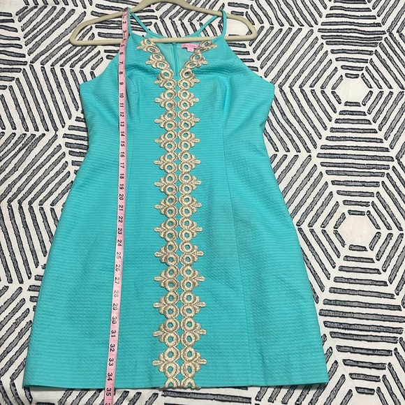 Lilly Pulitzer Pearl Seaside Aqua Metallic Gold Lace Shift Dress - Picture 7 of 7